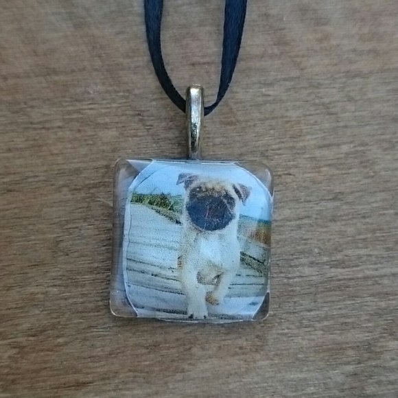 Hand Crafted Pug Glass Tile Pendant Dog Lover Necklace Fur baby Gift - Picture 1 of 2
